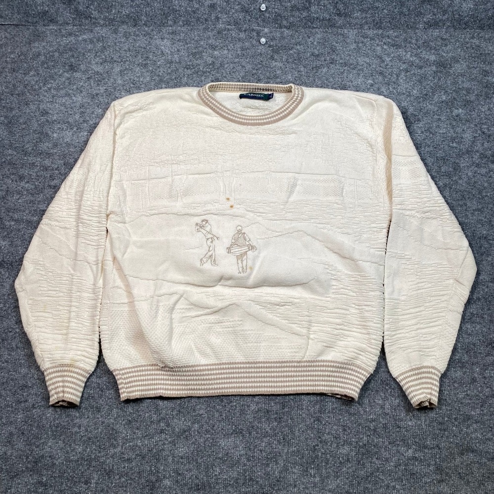 Vintage Carmel Golf Sweater Mens Large Cream Textured 3D Knit Made in USA Retro